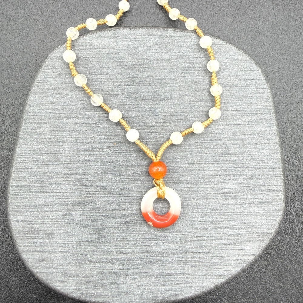 Hand Knotted White Bead Necklace Red White Donut Pendant Boho Artisan Jewelry